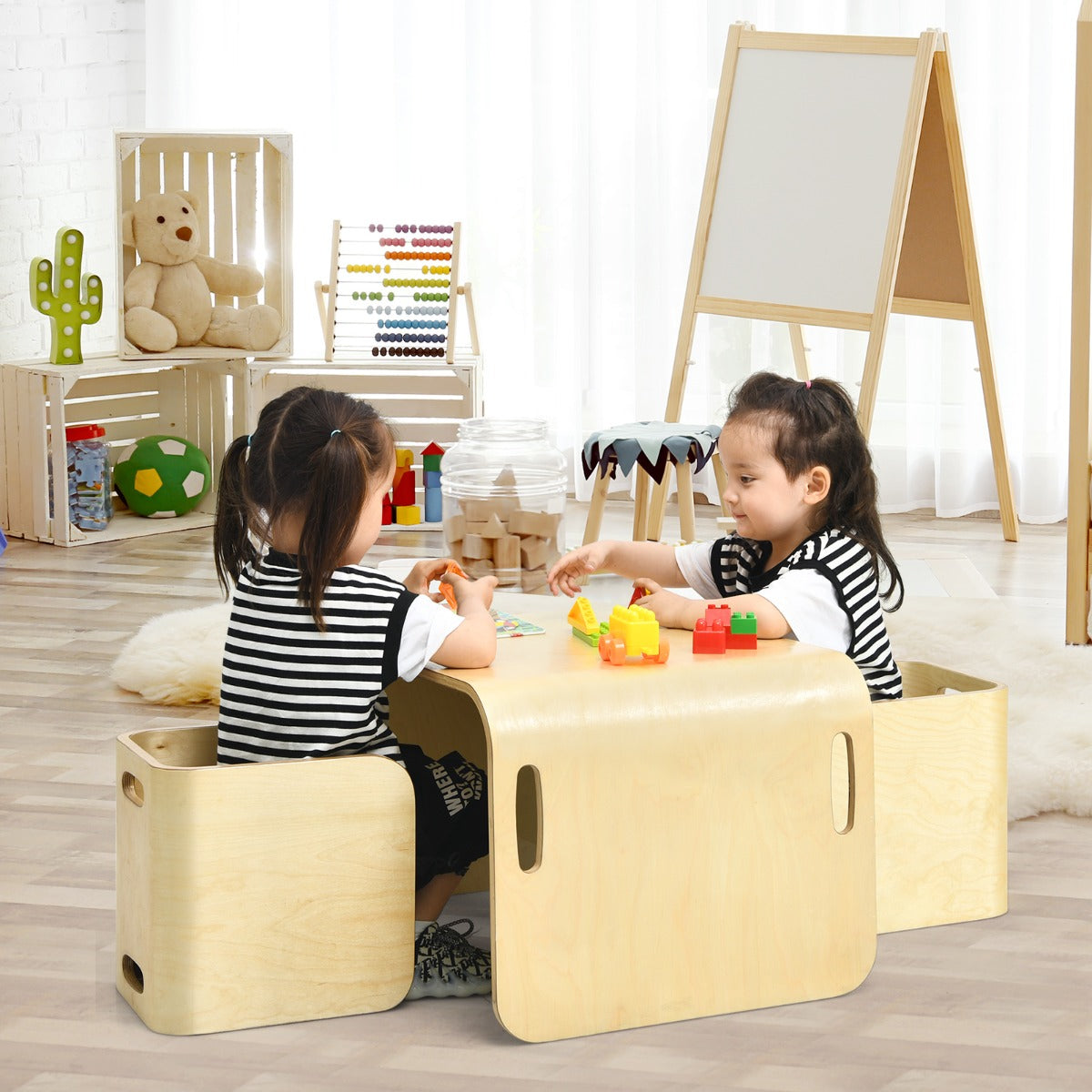 NNECW Kids Table and Chair Set with Storage Shelves-Natural-0