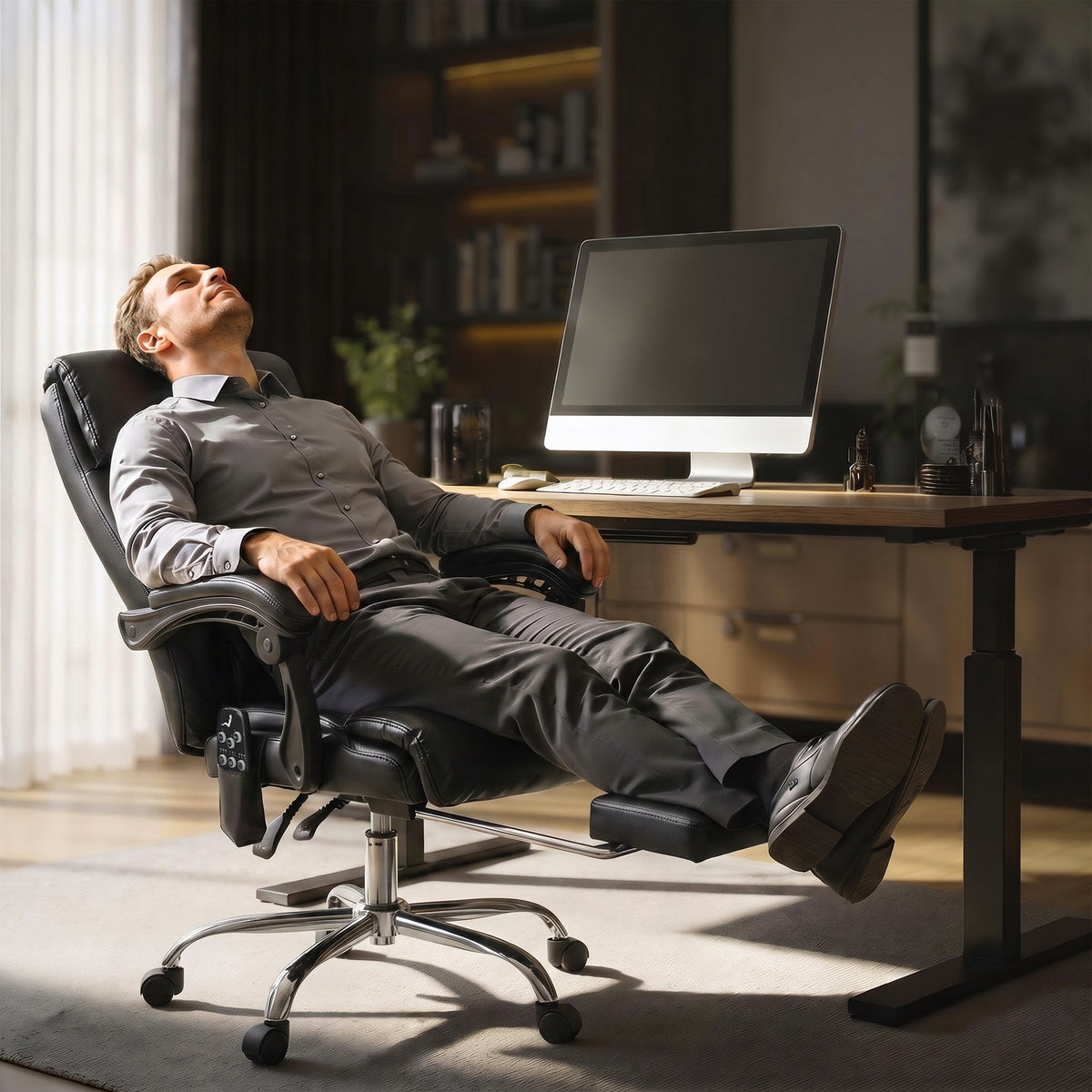 Fauteuil de Bureau Massant Vibrant et Chauffant, Chaise Bureau Ergonomique en PU avec Hauteur Réglable, Noir