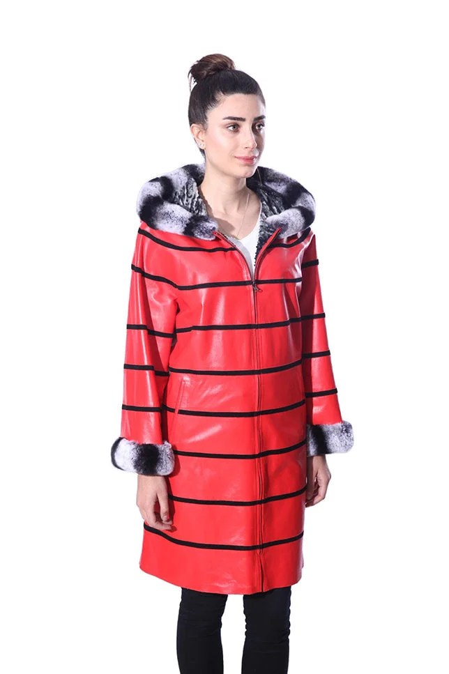 Anna Womens Real Rex Fur Leather Jacket with Hood