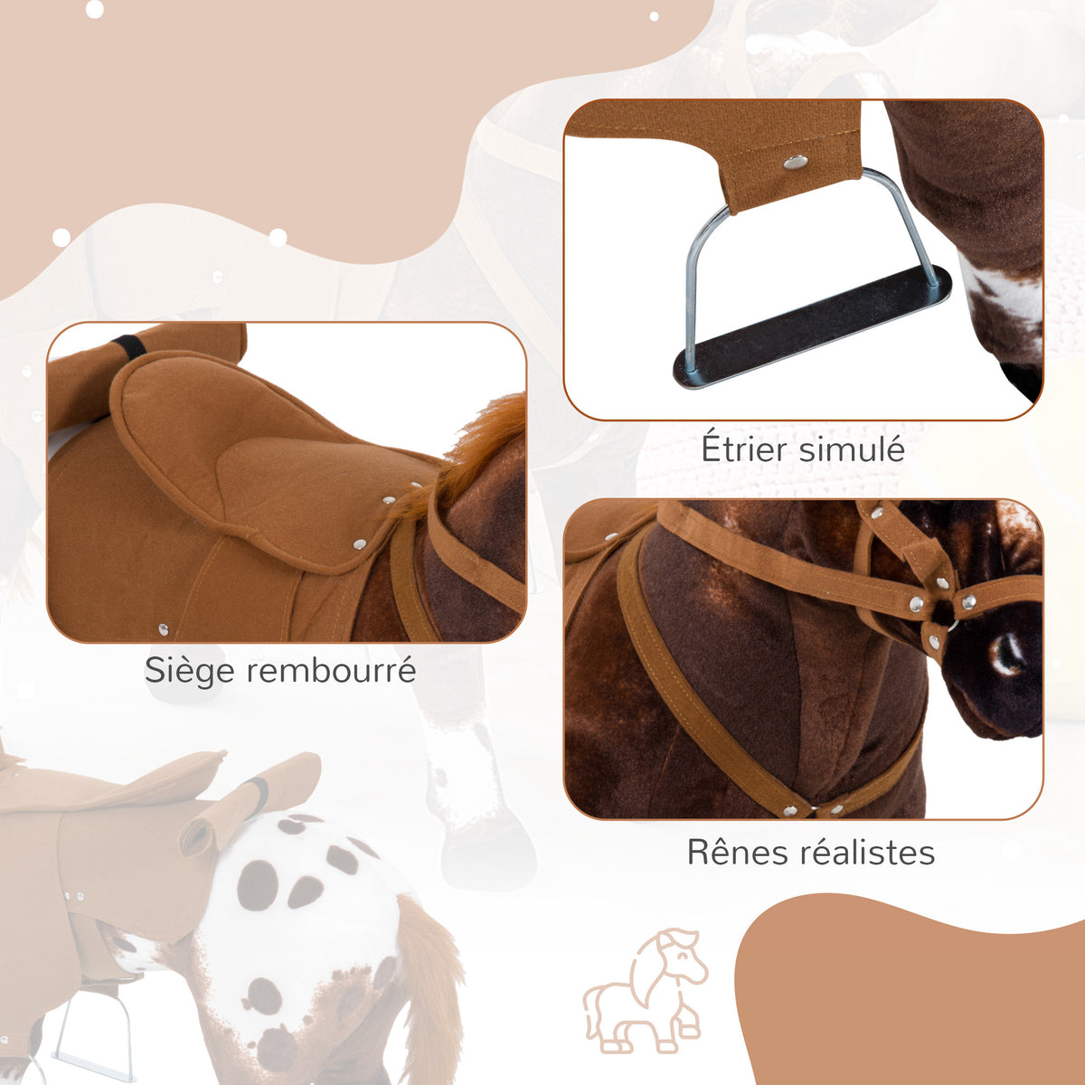 Cheval Debout en Peluche Effets sonores hennissement et Galop Selle étrier rênes 85L x 28l x 60H Marron Blanc