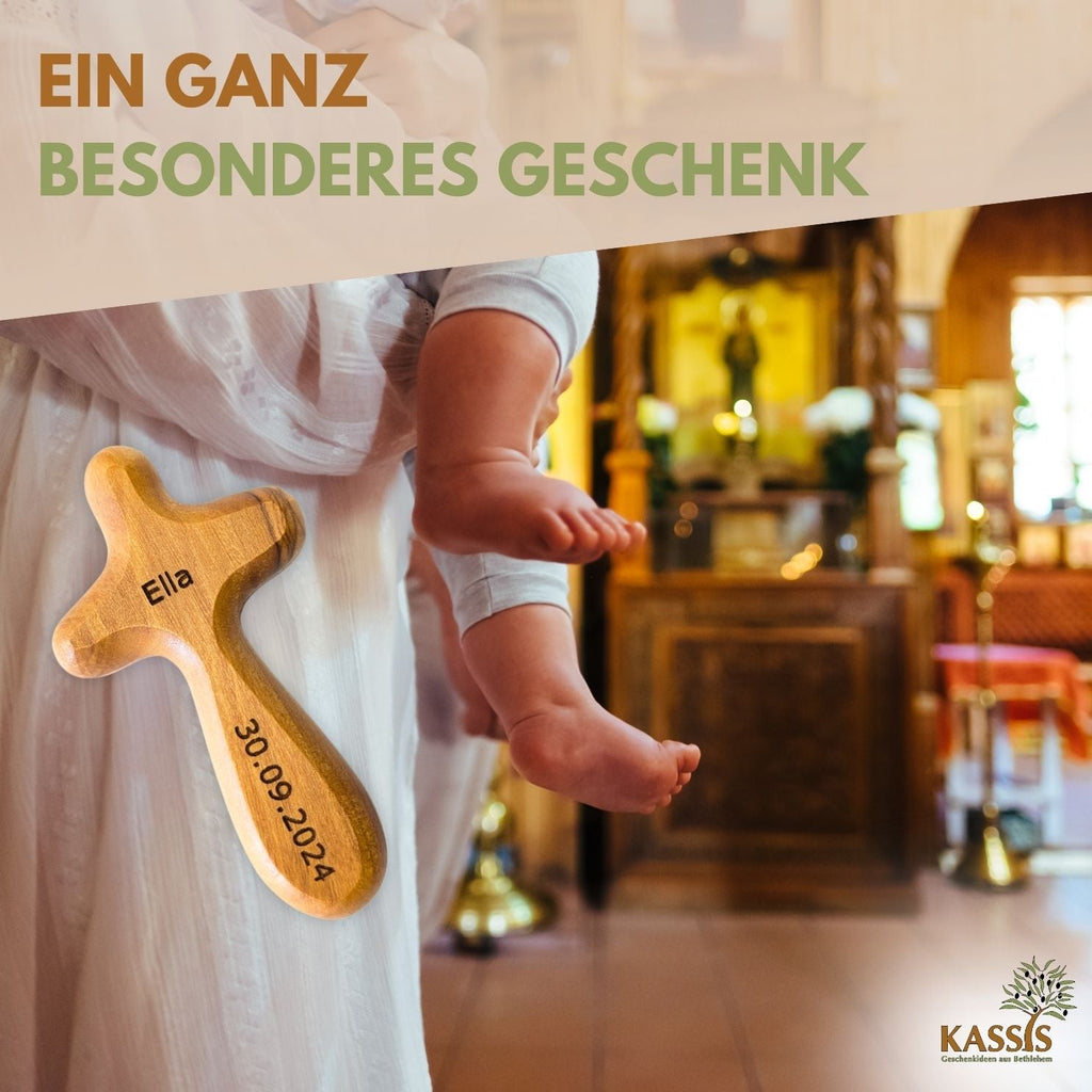 Kreuz Handschmeichler aus Olivenholz | Kleines Handkreuz als Glücksbringer & Geschenk zur Taufe, Kommunion oder Trost-4