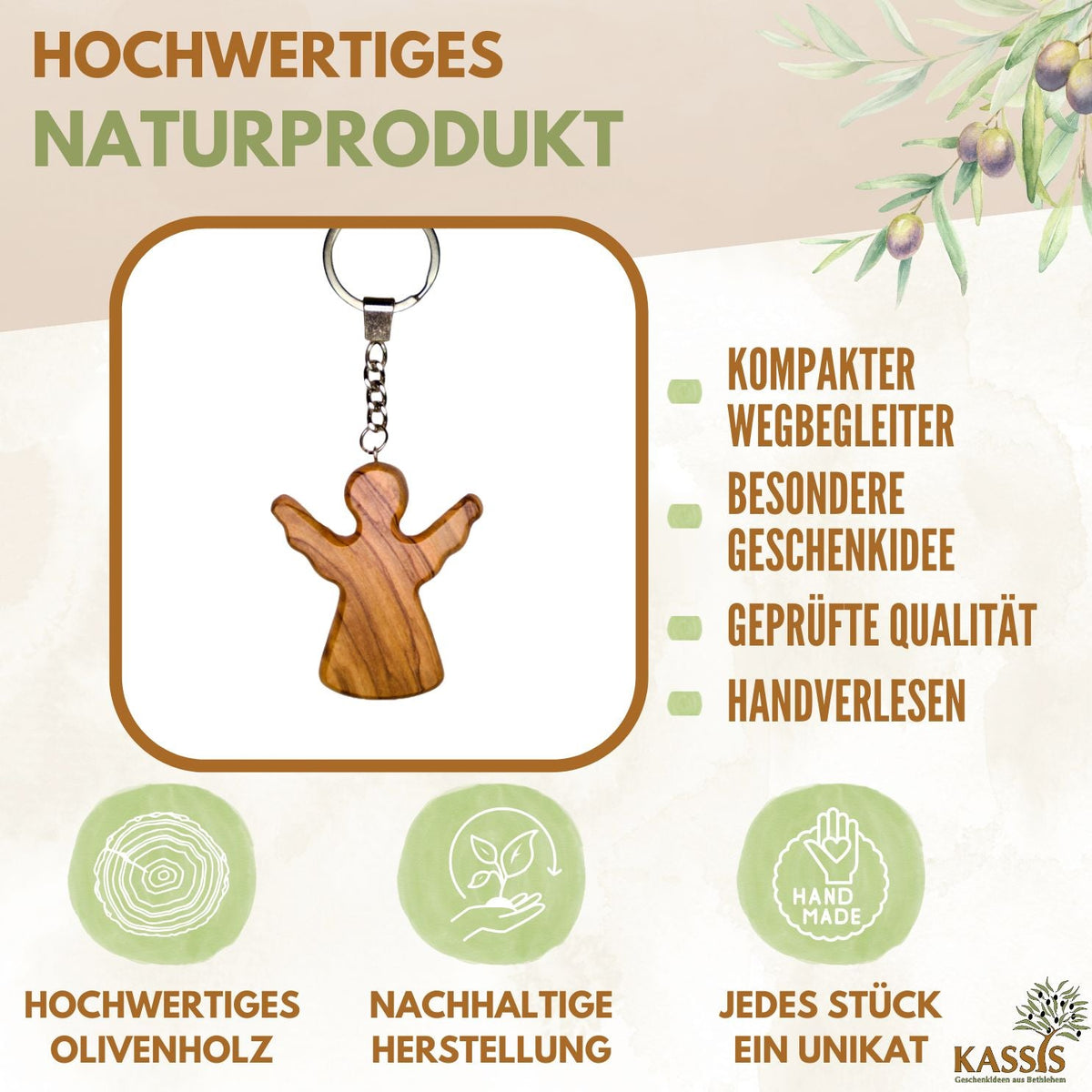 Schutzengel Schlüsselanhänger Handschmeichler aus Olivenholz | Glücksbringer Geschenk Taufe, Kommunion, Geburtstag-1