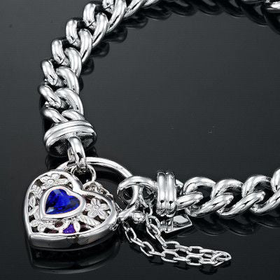 925 Sterling Silver Plated  Euro Chain Bracelet with a Dark Blue Filigree Locket - USA Made-2