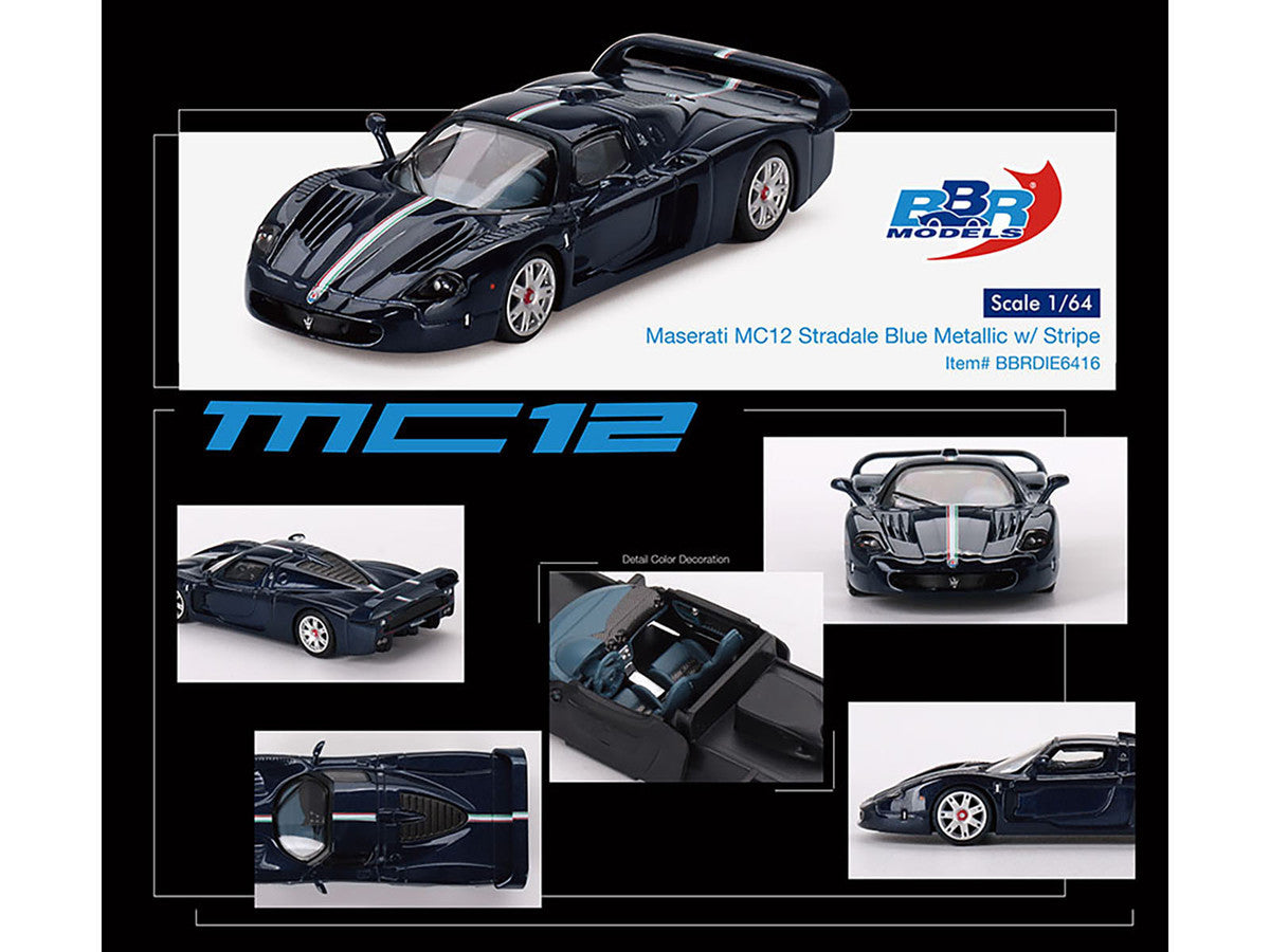 Maserati MC12 Stradale Blue Metallic with White Stripe 1/64 Diecast Model Car by BBR-2