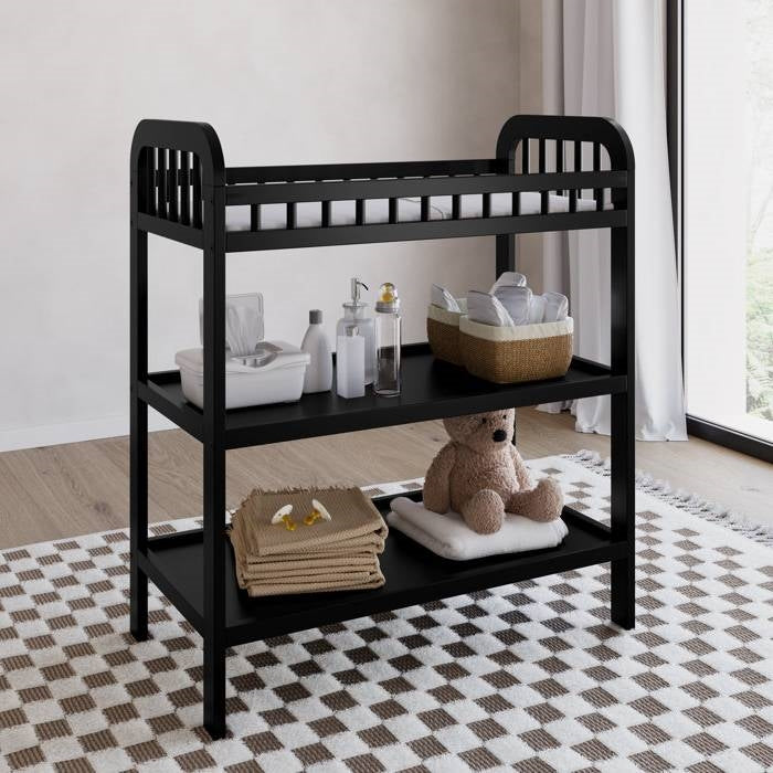 Baby Changing Table in Black Wood Finish with Safety Rail and Changing Pad-1
