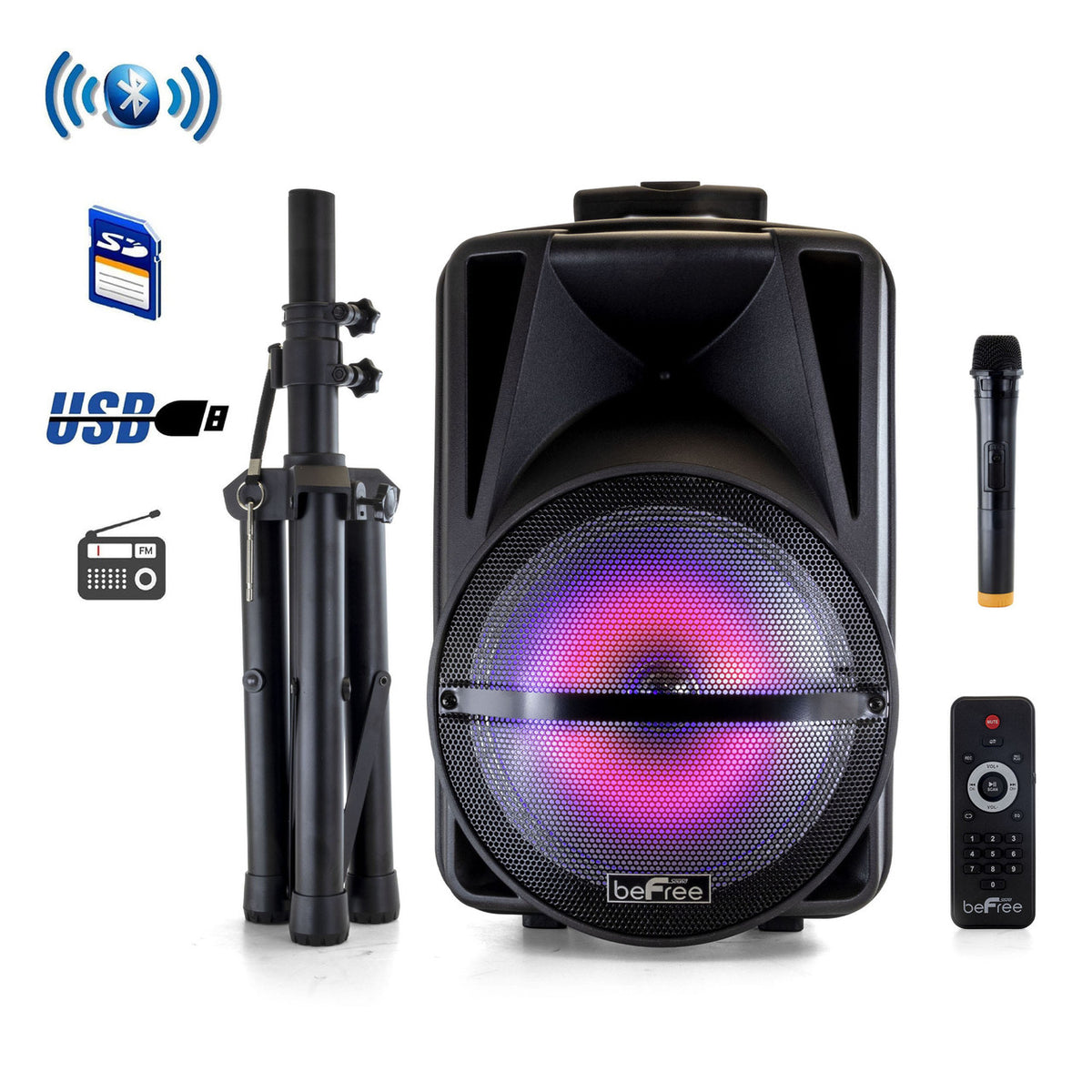 beFree Sound 12 Inch PA Bluetooth Rechargeable Portable Party Speaker with Reactive LED Lights and-0