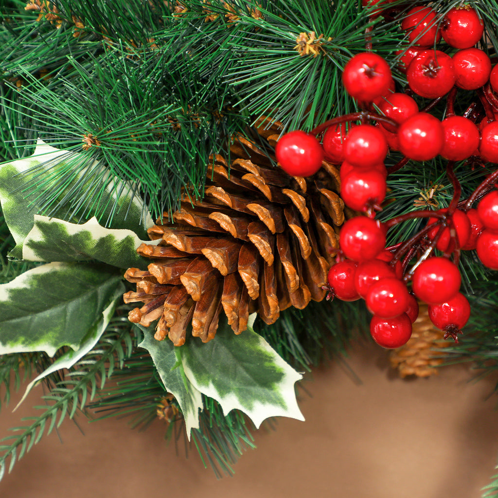 Couronne de Noël lumineuse 60 cm avec 35 LED, minuterie, 170 pointes, pommes de pin, baies, feuilles de houx, vert