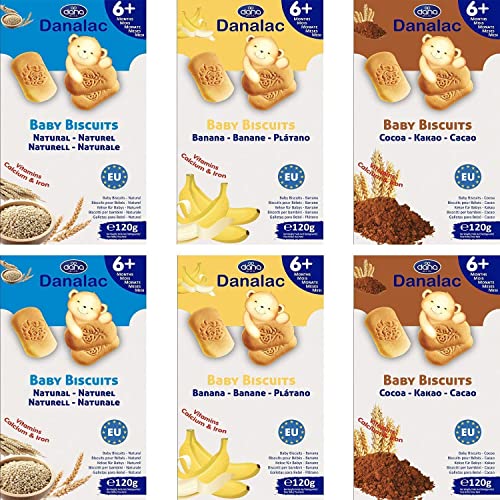 Danalac Baby Biscuits (120g x 6) Combo Snack Pack - 2 Banana, 2 Cocoa, 2 Natural Plain - Snacks and Food for Toddlers 6+ Months with Calcium, Iron and Vitamins-0