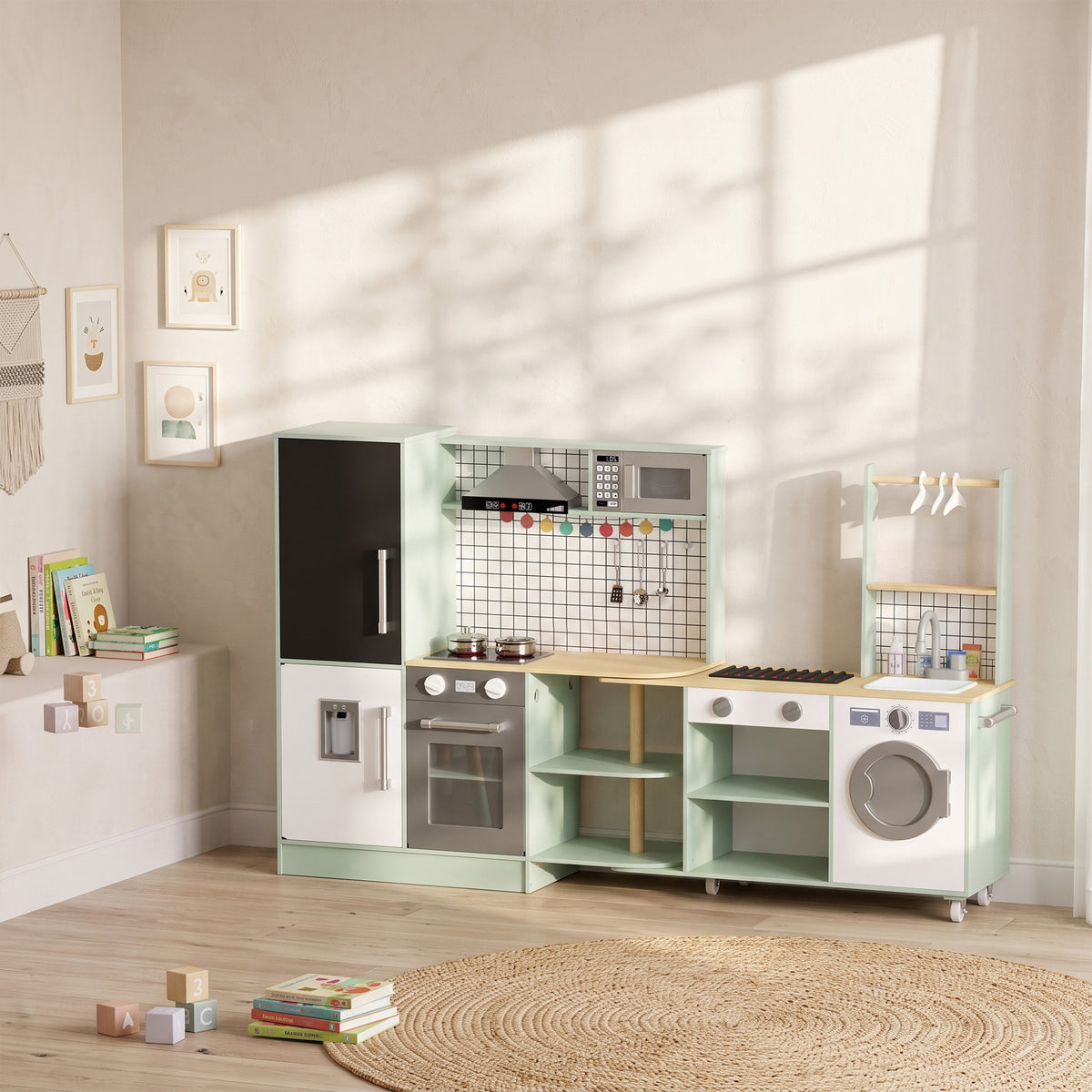 Cuisine Enfant Jouet d'Imitation, Micro-Ondes, Four, Plateau Rotatif sur Roulettes, 160x32x97,5cm, Vert Clair