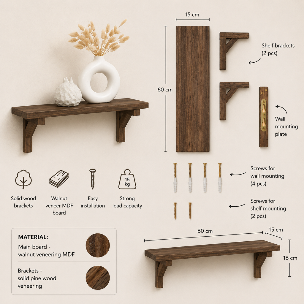 Walnut Floating Shelf with Hidden Wooden Brackets - Modern Wall Shelf-2