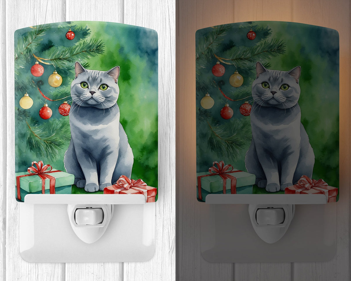 British Shorthair Cat By the Christmas Tree Ceramic Night Light-1
