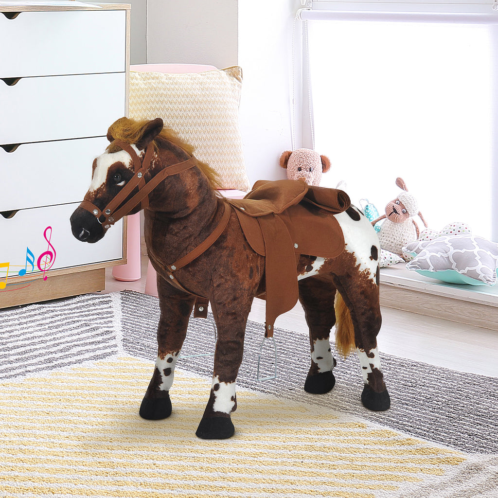 Cheval Debout en Peluche Effets sonores hennissement et Galop Selle étrier rênes 85L x 28l x 60H Marron Blanc