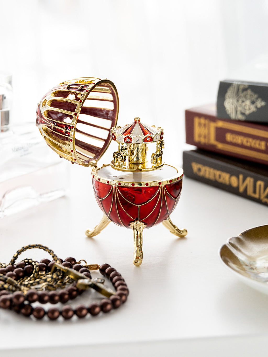 Red Faberge Egg with Horse Carousel Surprise Inside-4