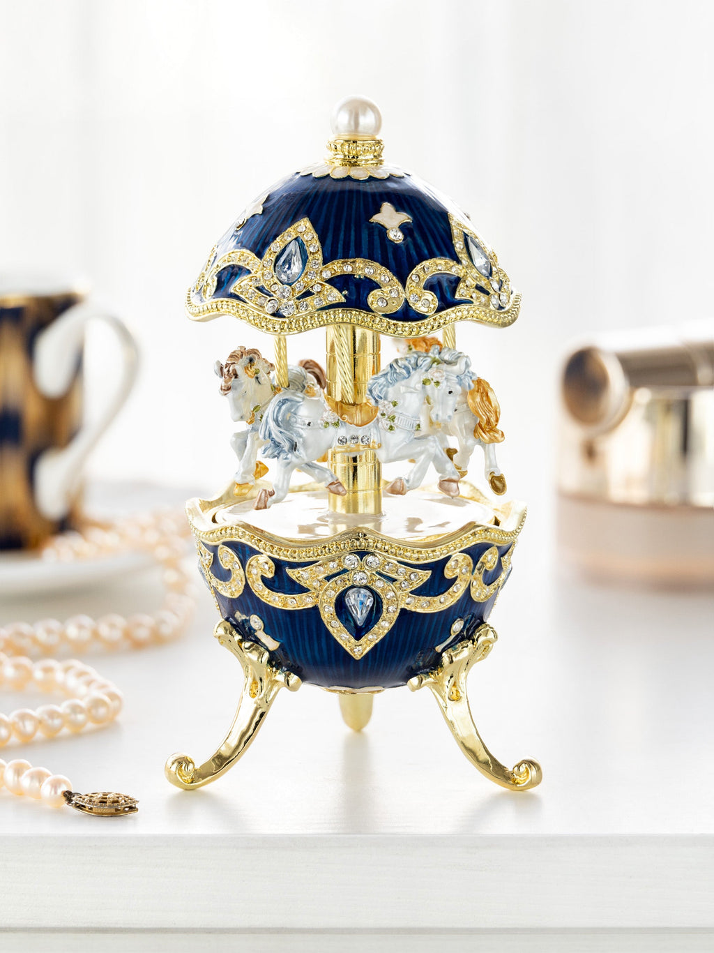 Blue Wind up Horse Carousel Faberge Egg-4