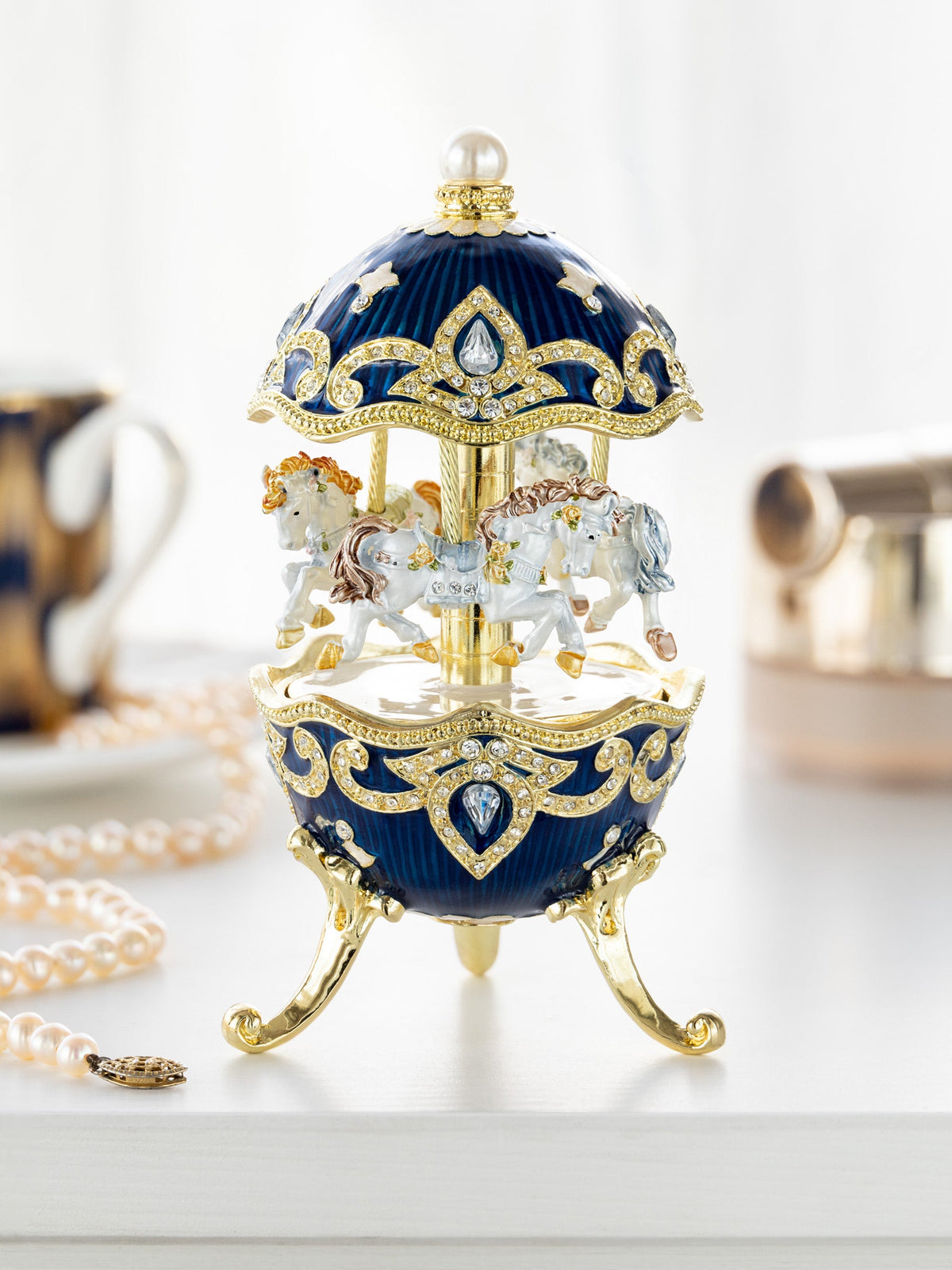Blue Wind up Horse Carousel Faberge Egg-1