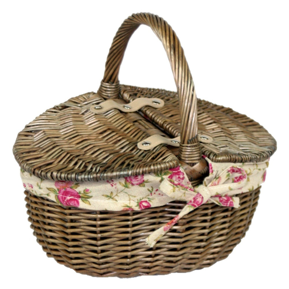 Small Antique Wash Double Lidded Oval Shopping Basket-2