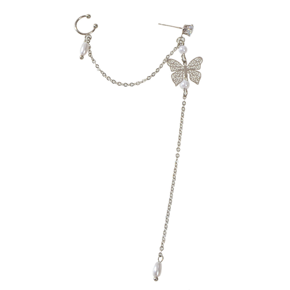 1pc Crystal Pearl Butterfly Long Chain Cartilage Stud Earring Stunning Ear Cuff-1