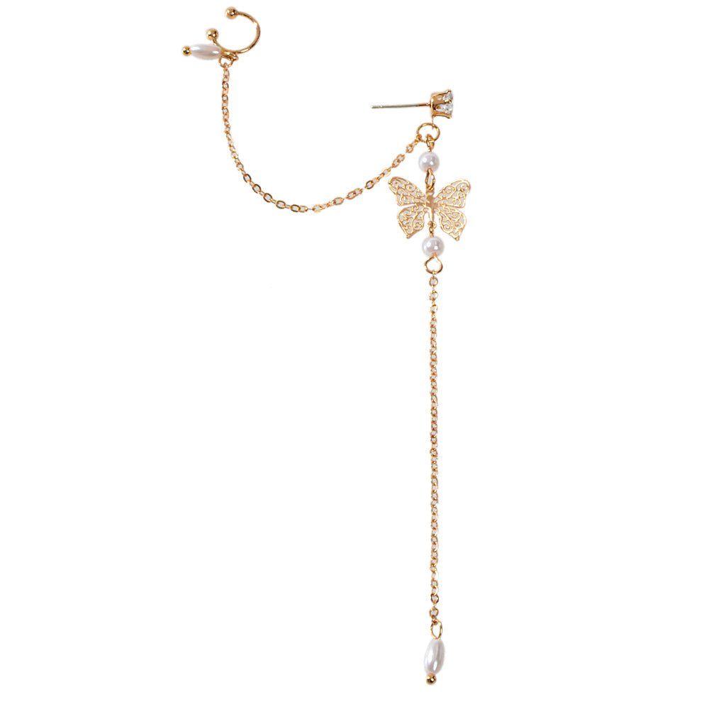 1pc Crystal Pearl Butterfly Long Chain Cartilage Stud Earring Stunning Ear Cuff-2