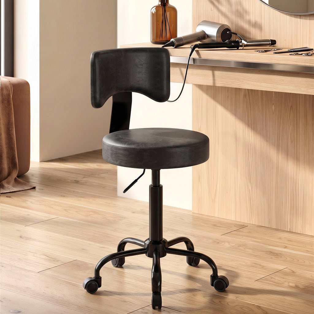 Tabouret à Roulettes, Hauteur Réglable 72-87,5cm, Tabouret de Massage Assise et Dossier Rembourrés, Pivotant 360°, Noir-1