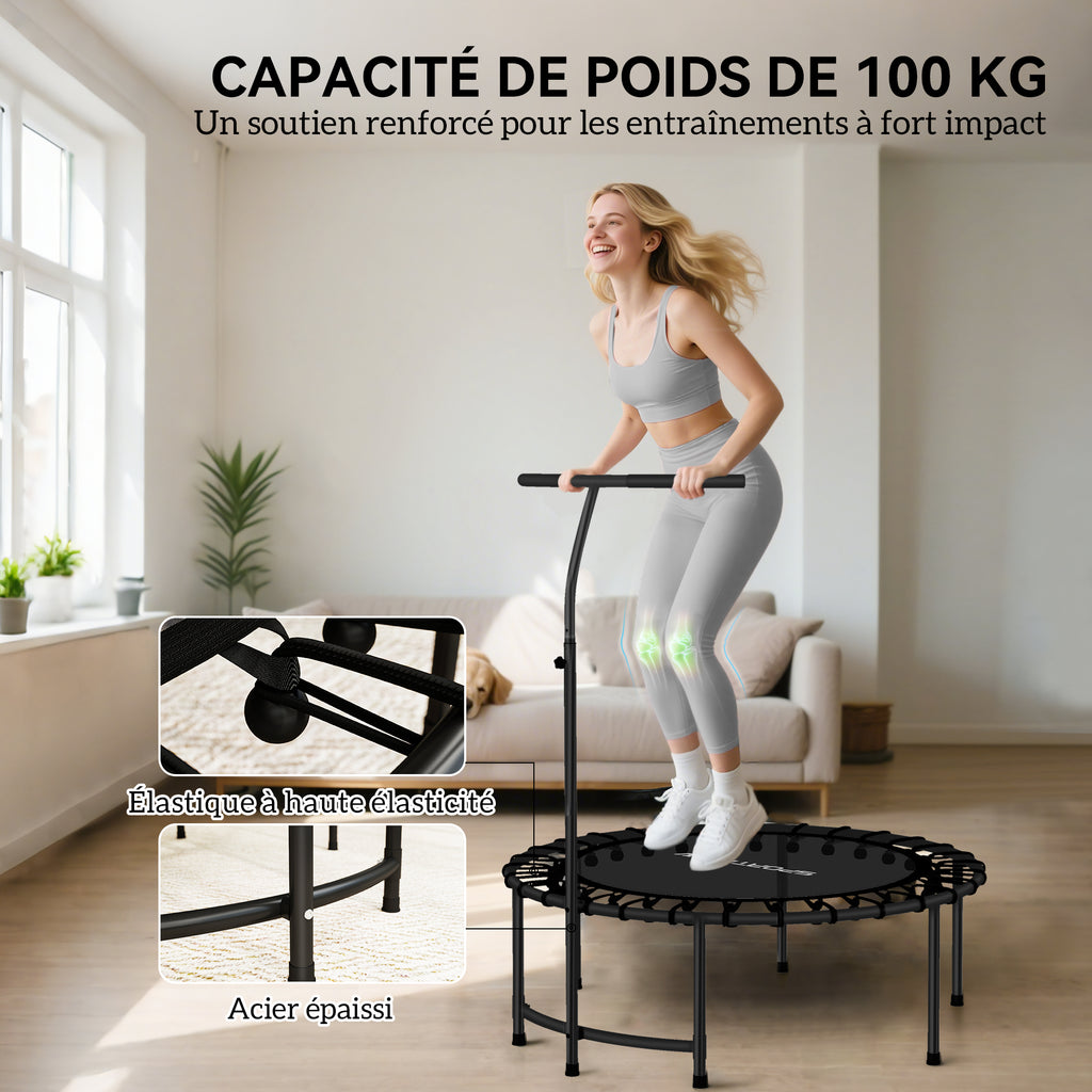 Trampoline de Fitness avec Cordes Élastiques, Poignée Réglable 5 Positions, Capacité 100 kg, Acier, Ø102x132cm, Noir
