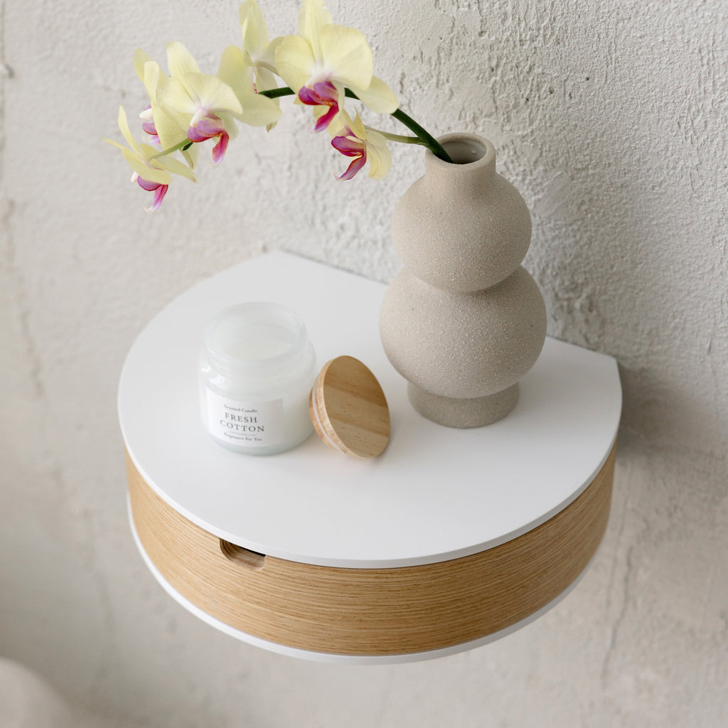 Floating Nightstand with Drawer, Rounded Wood Wall Shelf-0