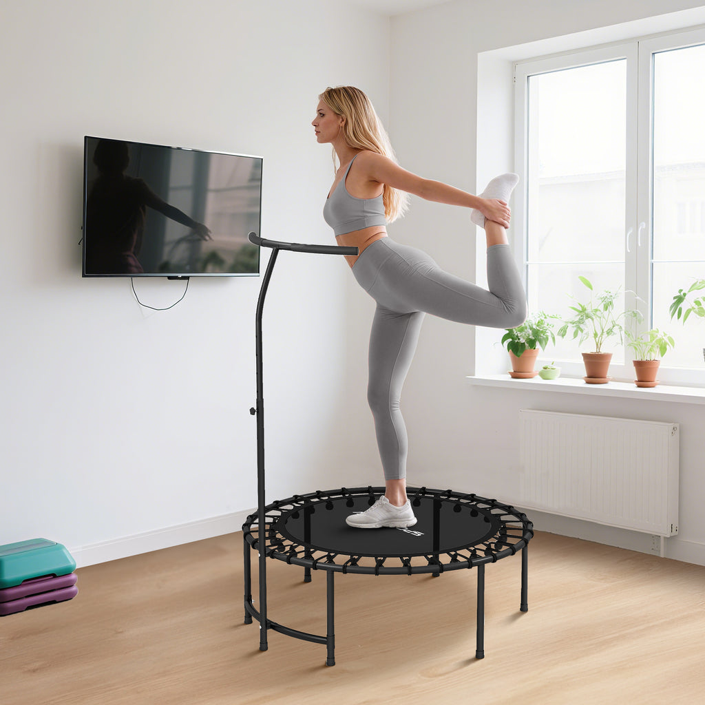 Trampoline de Fitness avec Cordes Élastiques, Poignée Réglable 5 Positions, Capacité 100 kg, Acier, Ø102x132cm, Noir