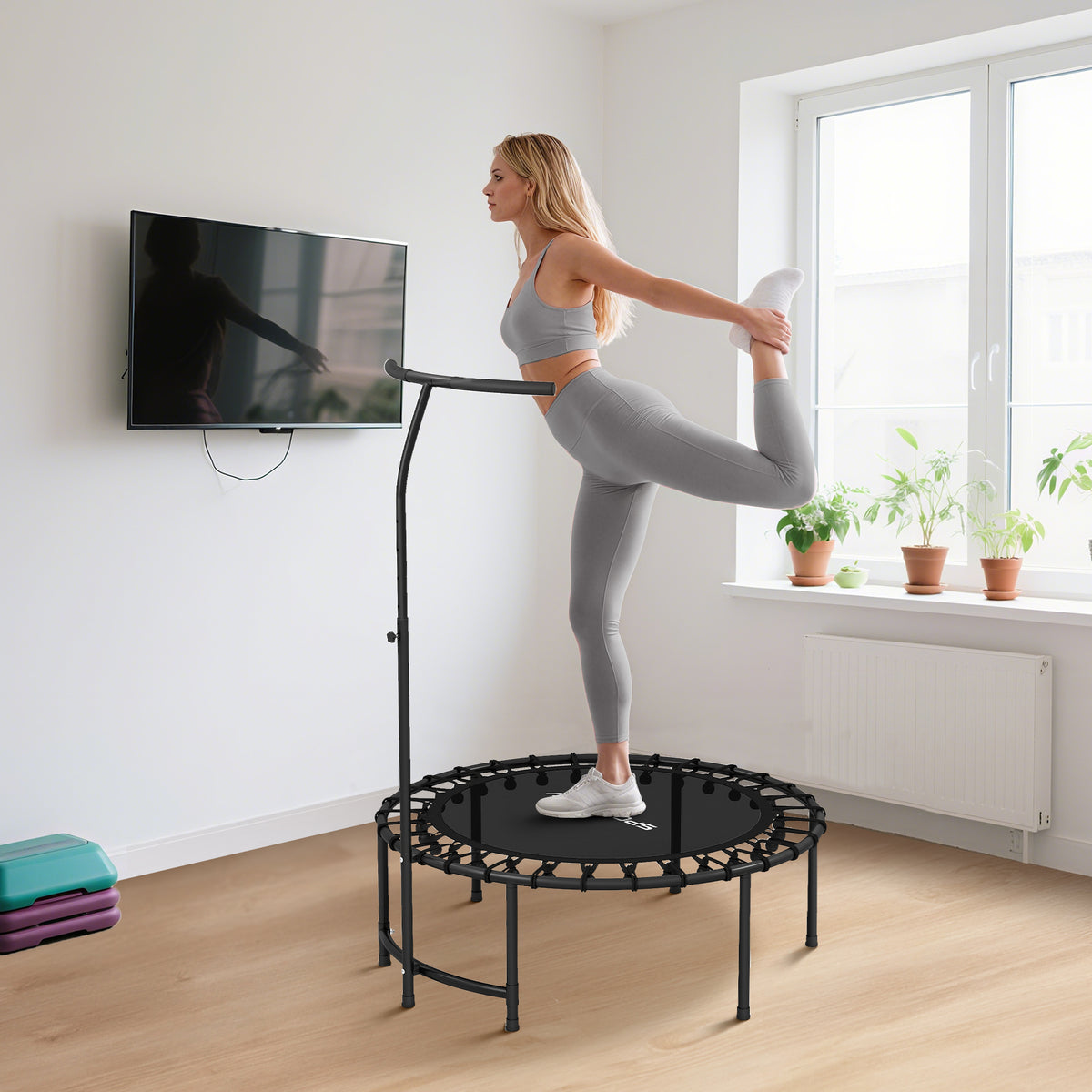 Trampoline de Fitness avec Cordes Élastiques, Poignée Réglable 5 Positions, Capacité 100 kg, Acier, Ø102x132cm, Noir