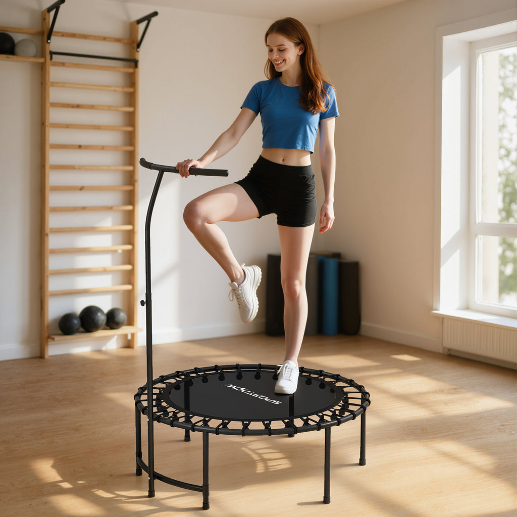 Trampoline de Fitness avec Cordes Élastiques, Poignée Réglable 5 Positions, Capacité 100 kg, Acier, Ø102x132cm, Noir