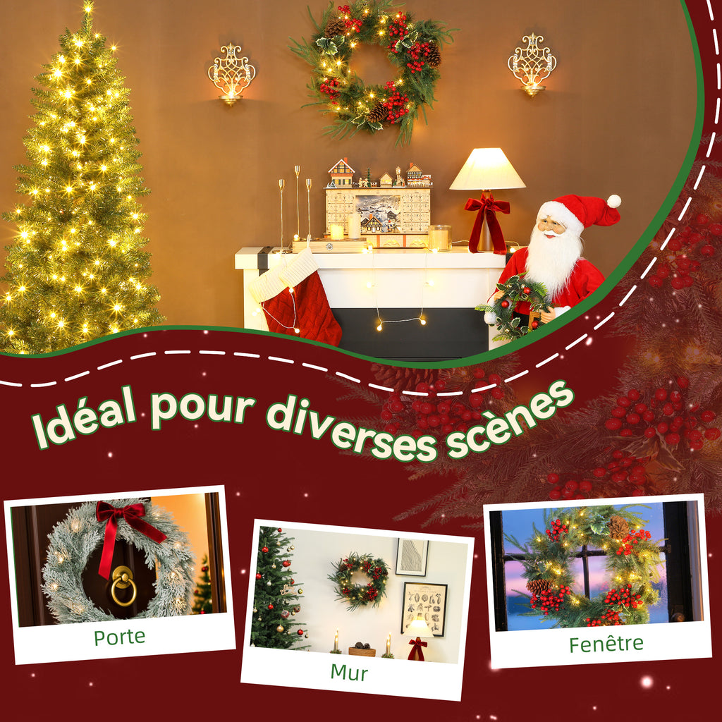 Couronne de Noël lumineuse 60 cm avec 35 LED, minuterie, 170 pointes, pommes de pin, baies, feuilles de houx, vert