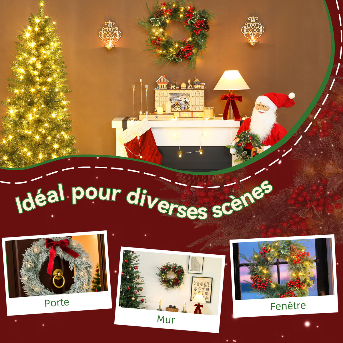 Couronne de Noël lumineuse 60 cm avec 35 LED, minuterie, 170 pointes, pommes de pin, baies, feuilles de houx, vert