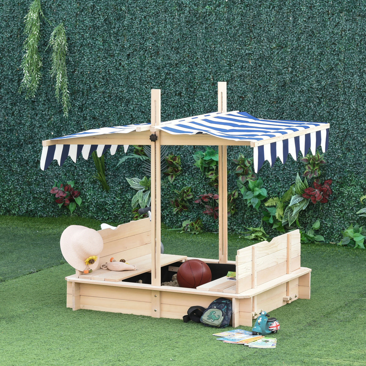 Bac à sable carré en bois pour enfants dim. 106L x 106l cm avec bancs et couvercle - auvent réglable