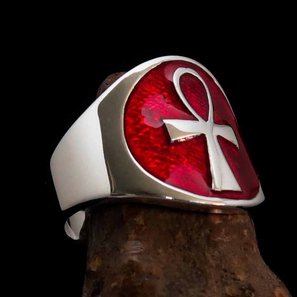 Excellent crafted Men's big red Egyptian Ankh Cross Ring - Sterling Silver-2