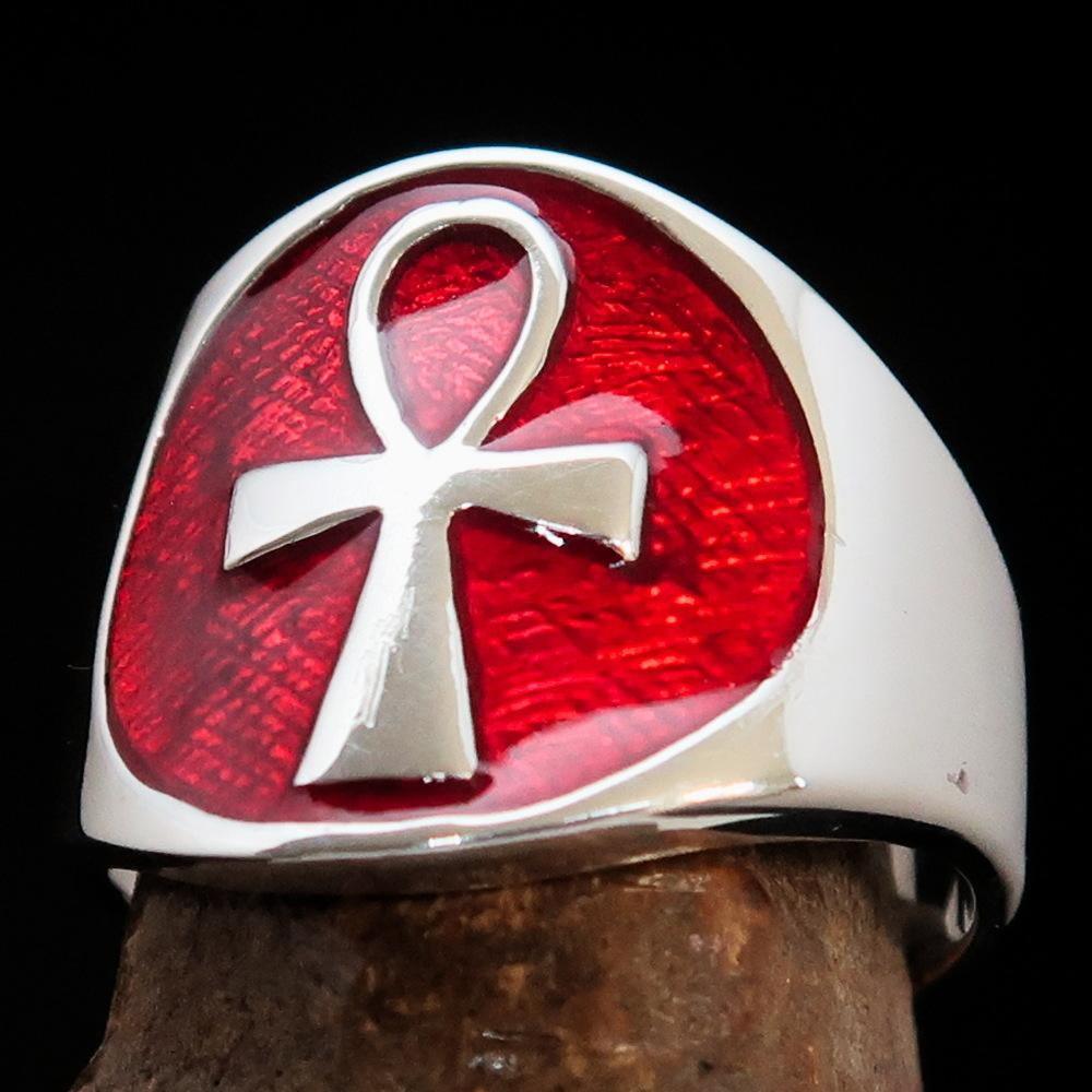Excellent crafted Men's big red Egyptian Ankh Cross Ring - Sterling Silver-0