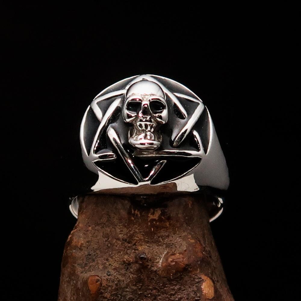 Excellent crafted domed Men's Hexagram Skull Ring - Sterling Silver-1