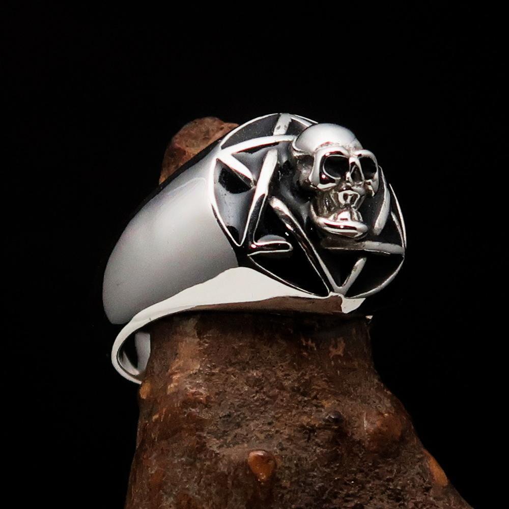 Excellent crafted domed Men's Hexagram Skull Ring - Sterling Silver-2