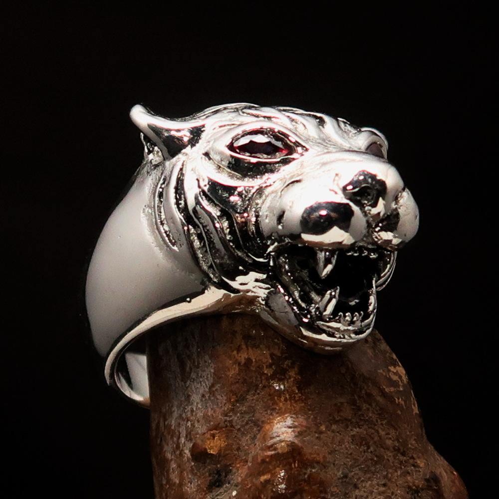 Excellent crafted Men's Tiger Ring red CZ Eyes - Sterling Silver-0