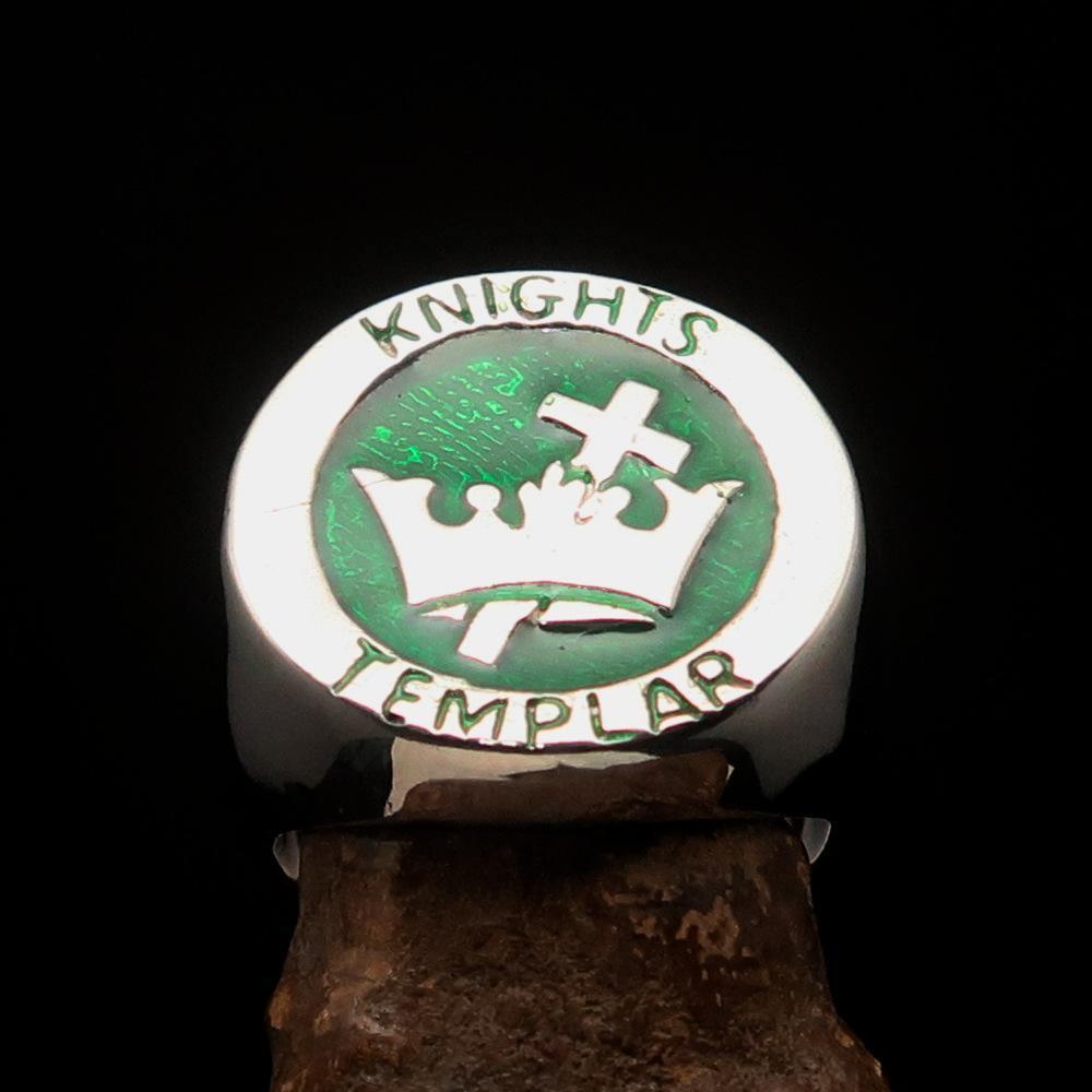 Excellent crafted Men's green Knights Templar Ring - Sterling Silver-1