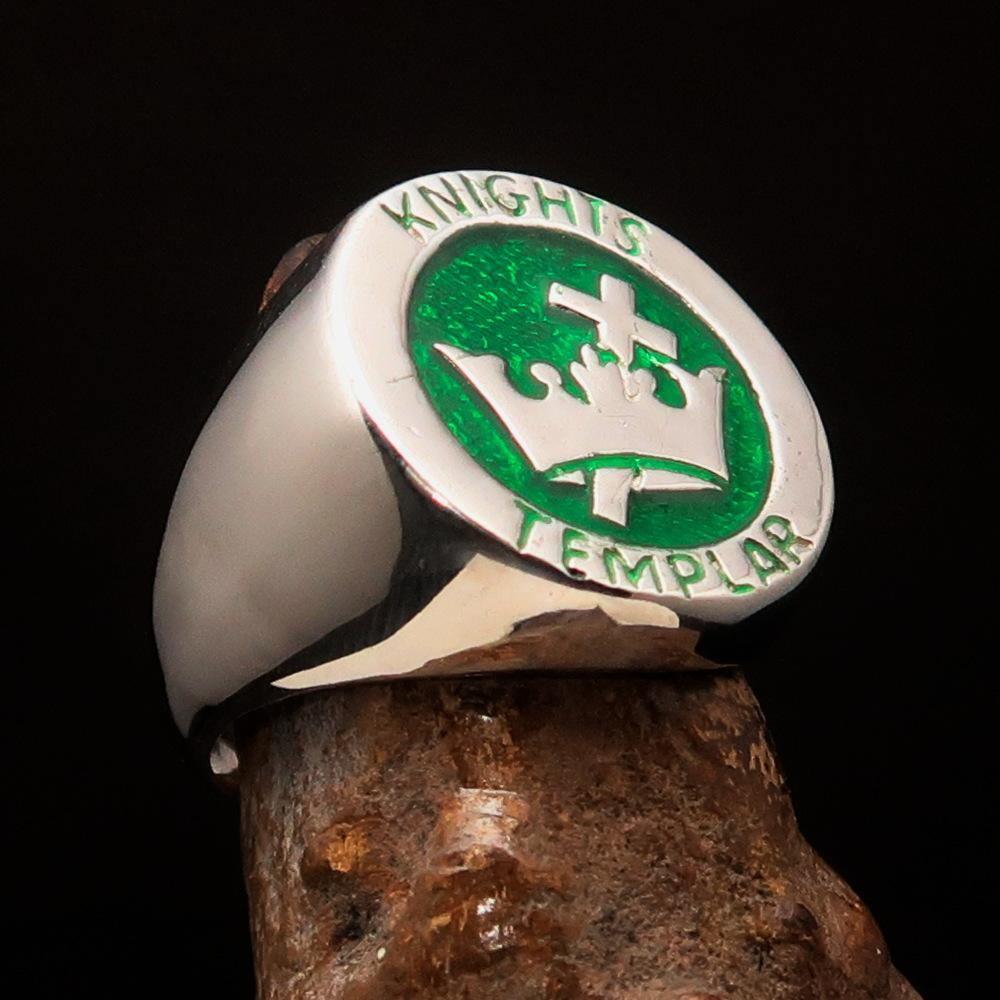 Excellent crafted Men's green Knights Templar Ring - Sterling Silver-2