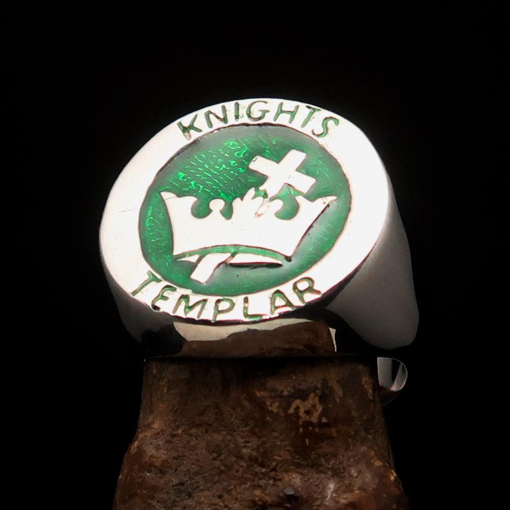 Excellent crafted Men's green Knights Templar Ring - Sterling Silver-0