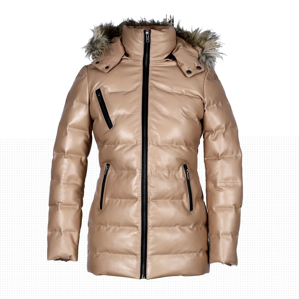 Womens Selina Puffer Leather Jacket with Fur Hoodie Tan