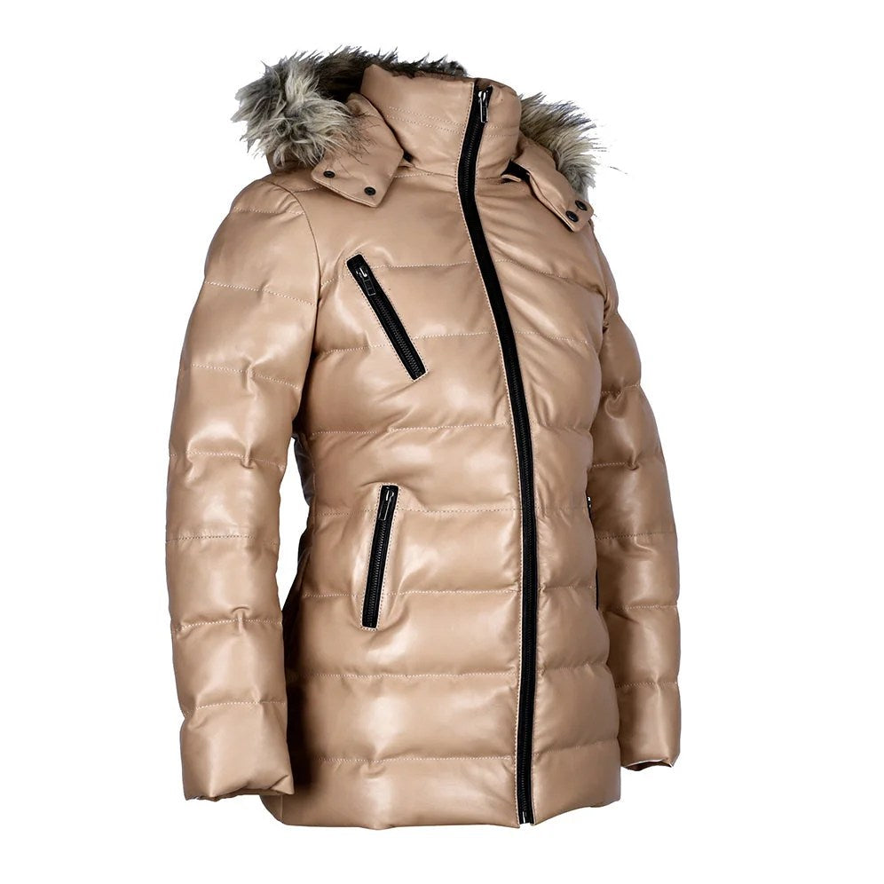 Womens Selina Puffer Leather Jacket with Fur Hoodie Tan