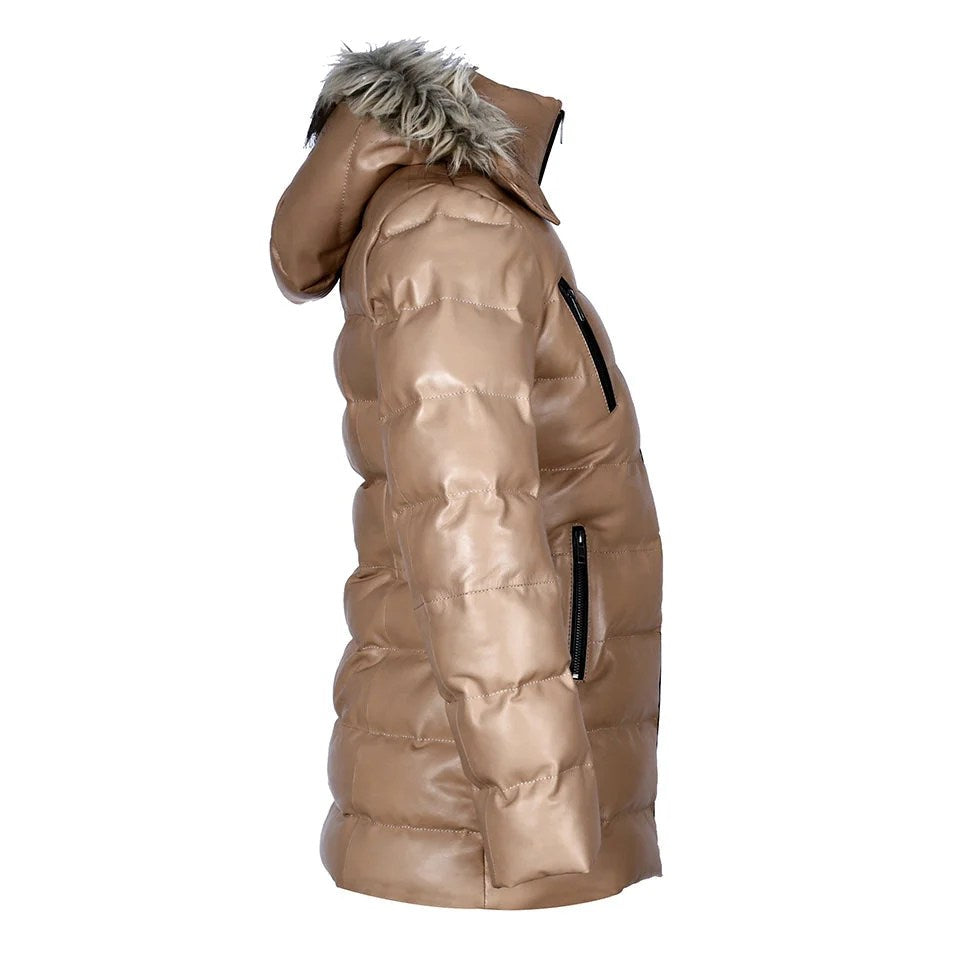 Womens Selina Puffer Leather Jacket with Fur Hoodie Tan
