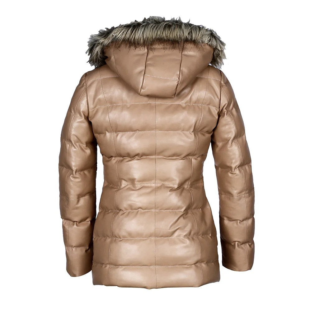Womens Selina Puffer Leather Jacket with Fur Hoodie Tan