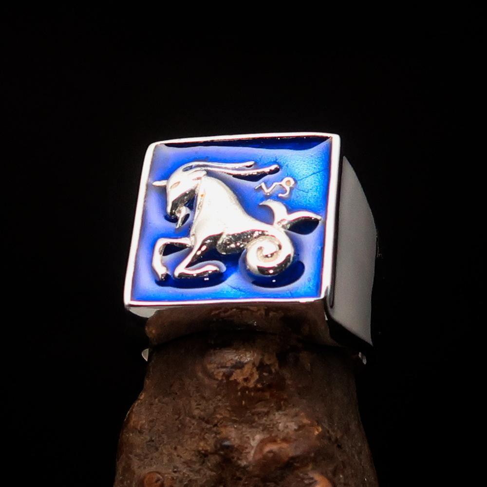 Excellent crafted Men's Zodiac Ring Star Sign Capricorn Blue - Sterling Silver-0