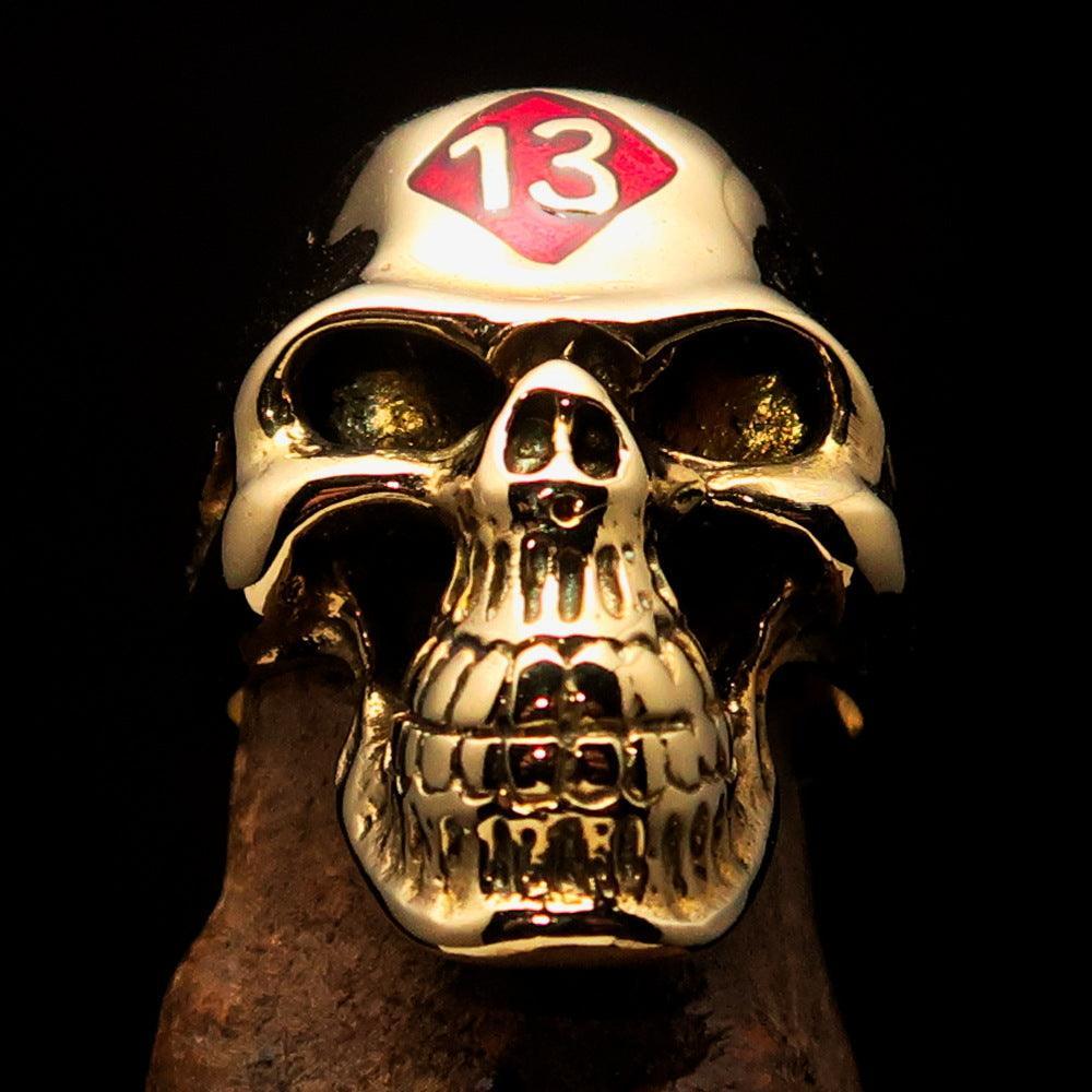 Excellent crafted Men's Biker Skull Ring Red Diamond Lucky 13 - Solid Brass-1