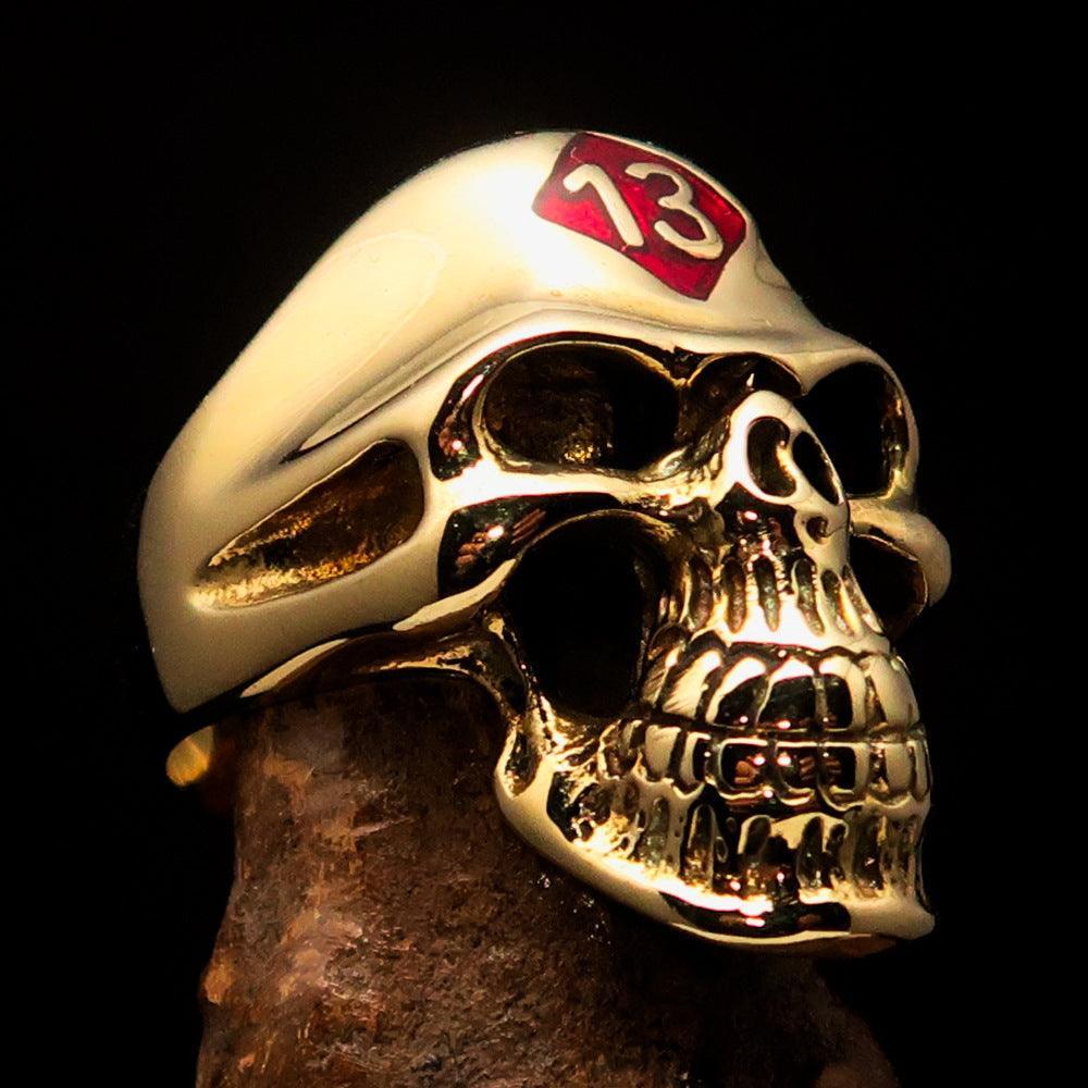 Excellent crafted Men's Biker Skull Ring Red Diamond Lucky 13 - Solid Brass-2