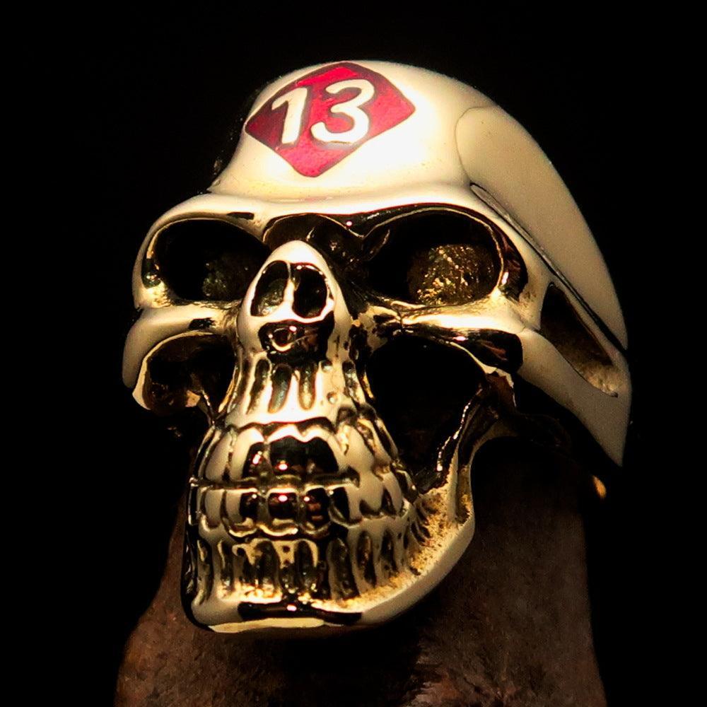 Excellent crafted Men's Biker Skull Ring Red Diamond Lucky 13 - Solid Brass-0