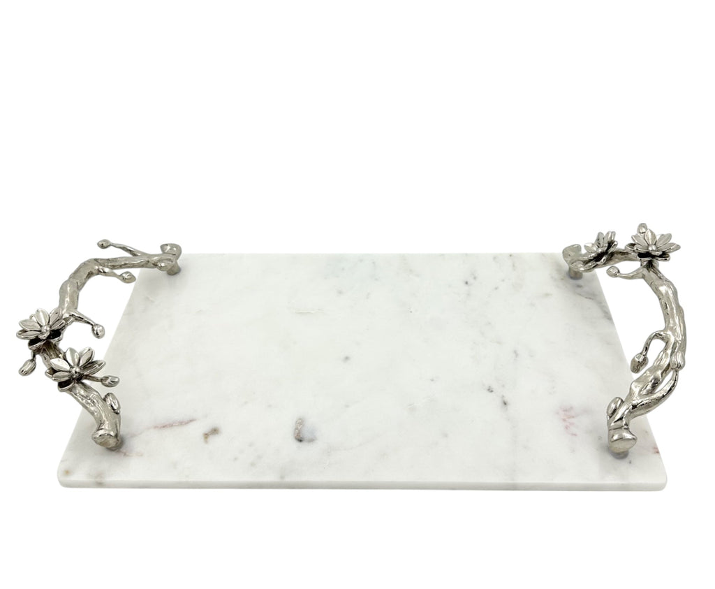 White Marble Tray with Gilded Floral Handles
