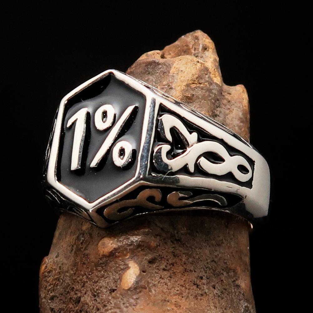 Excellent crafted Men's Black Outlaw Biker Ring 1% - Sterling Silver-0