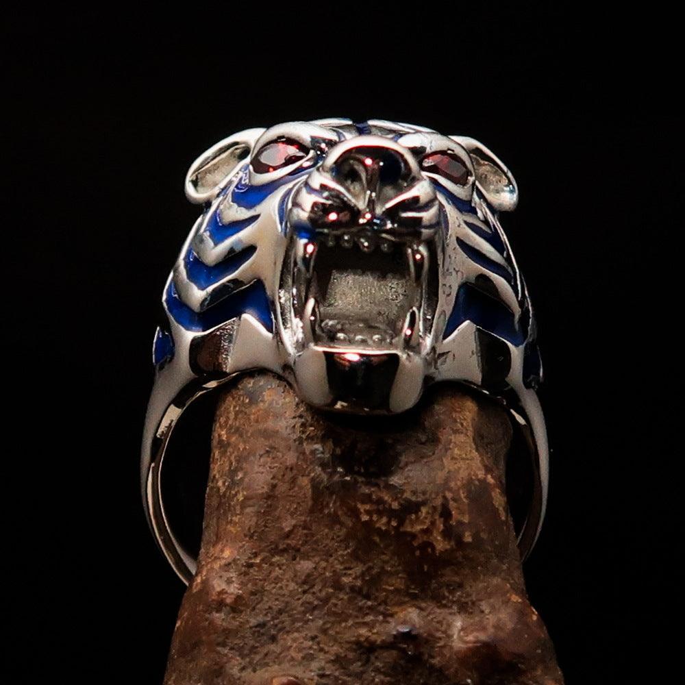 Excellent crafted Men's Predator Ring Tiger red CZ Eyes and blue Stripes - Sterling Silver-1
